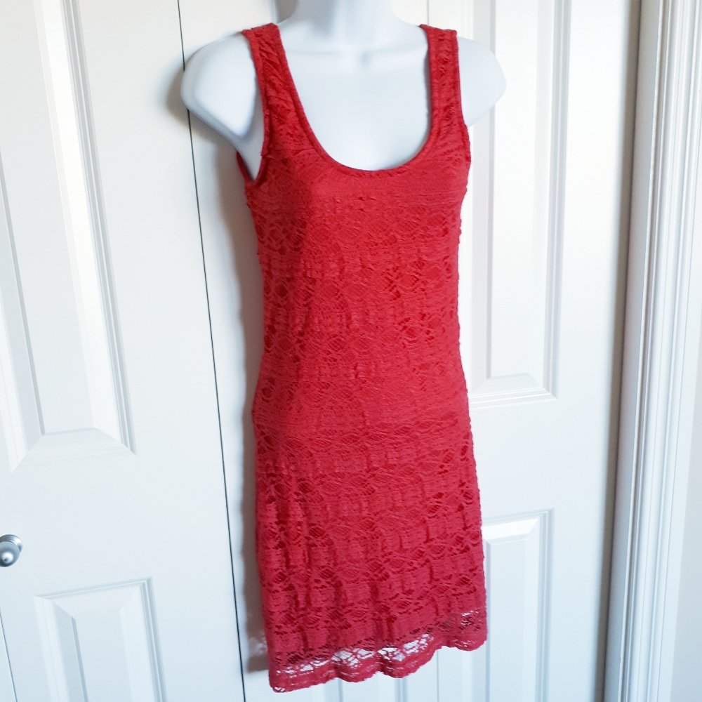 Coral Lace, Knee-Length Dress